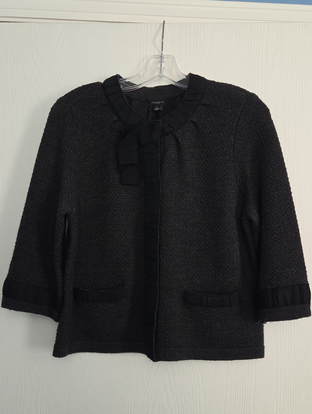 Ann Taylor Sweater Jacket with Ruffle Trim and Bow Detail